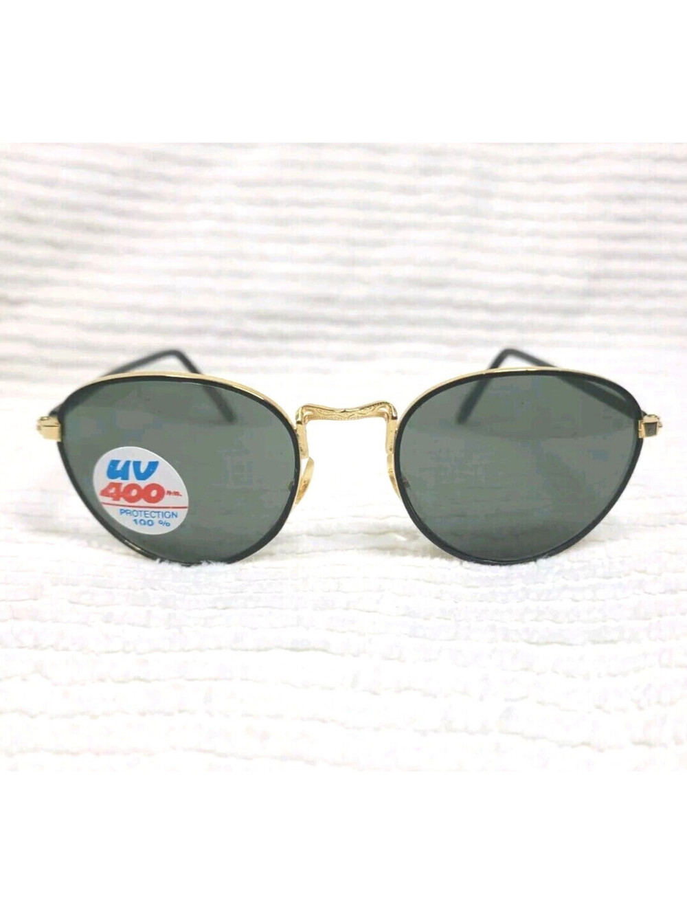 Vtg 90s Sunglasses Round Black Gold Metal UV 400 NonRx y2k Dead Stock Retro